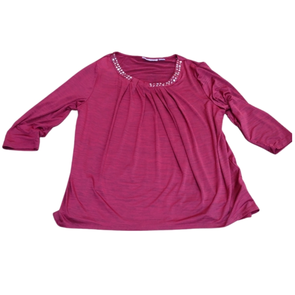 Bn) Sag Harbor Women’s 1X Red Stretch Blouse | 3/4 Sleeve | Embellished Neckline